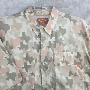 Old Tejas Camo Texas Print Button Up Shirt Men's Size Large Short Sleeve Hunting